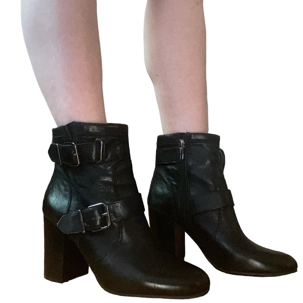Vince Camuto Black Heeled Boots with Buckle.